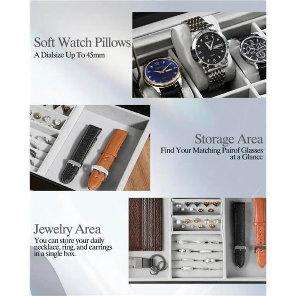 Watch Box Organizer 12 Slot Glass Lid Leather Jewelry Case for Men Women